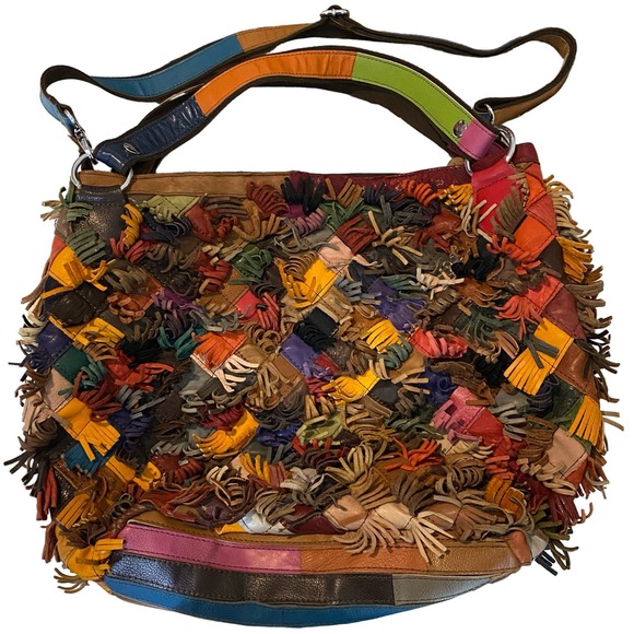 Genuine Leather Handbags - Genuine Leather Boho Fringe Crossbody Purse Tan Blue Multi Color